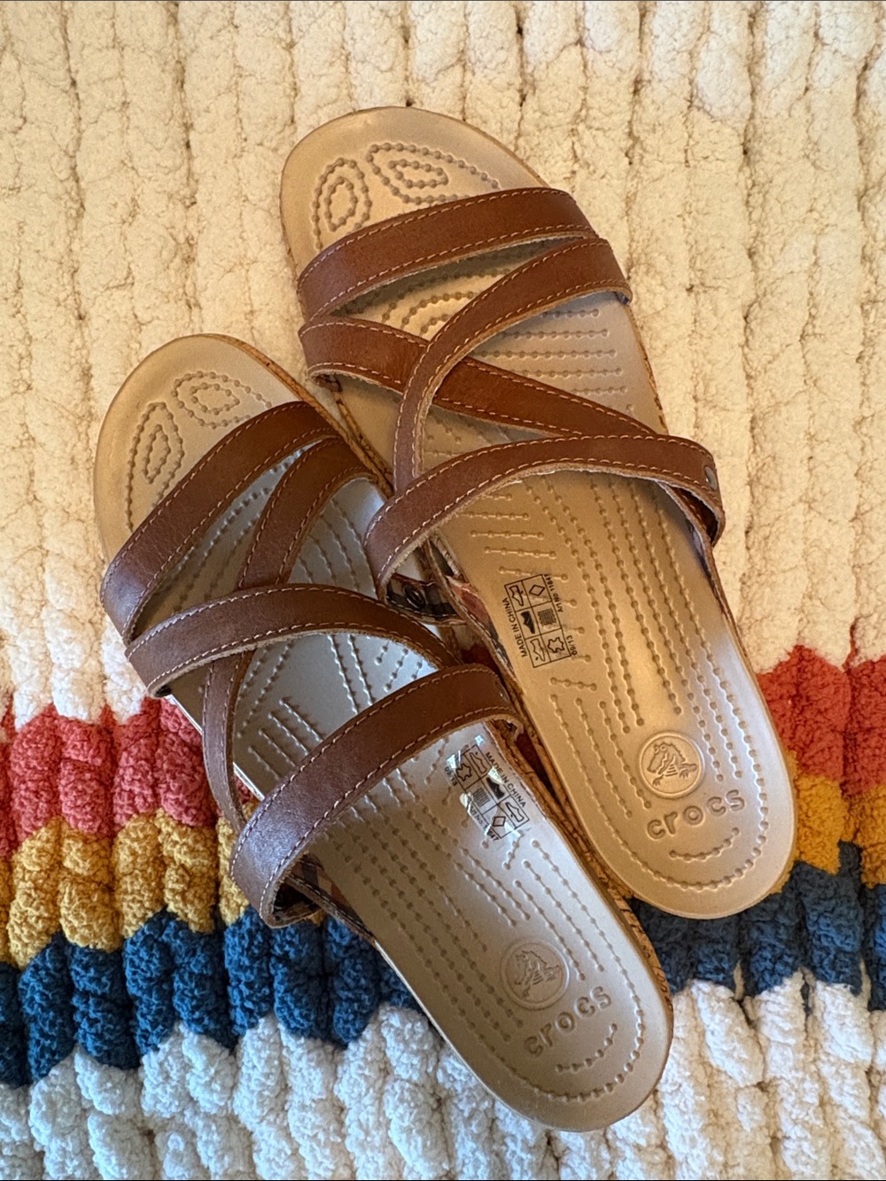 CROCS A-Leigh Cocoa Cork Wedge Heel Strappy Slide Sandals